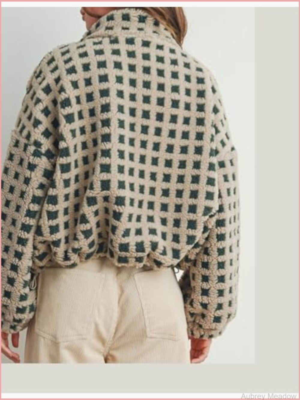 Long Sleeve Cropped Sherpa Fleece Plaid Jacket Casual Teddy Fleece Outerwear - Picture 3 of 7